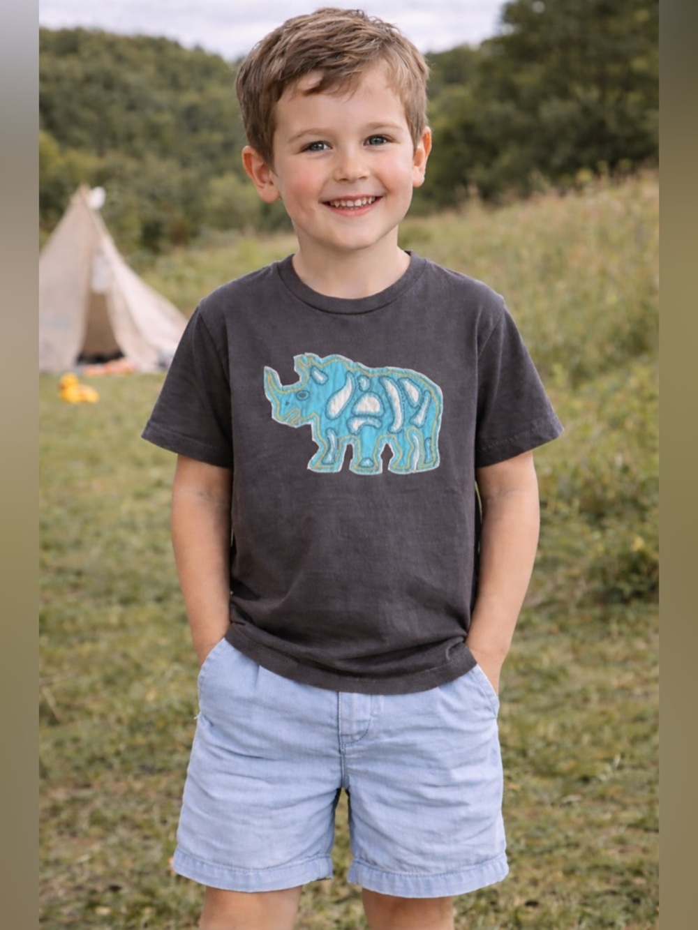 Mini Boden Rhino Appliqué Tee Gray Blue Animal Shirt Boys Size 3-4Y
